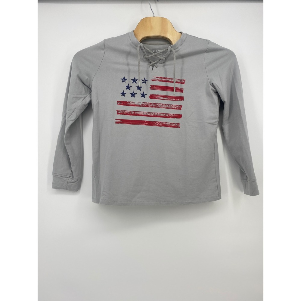 d&co. ACTIVE Long Sleeve Top Small Grey American Flag Lace-up Excellent
